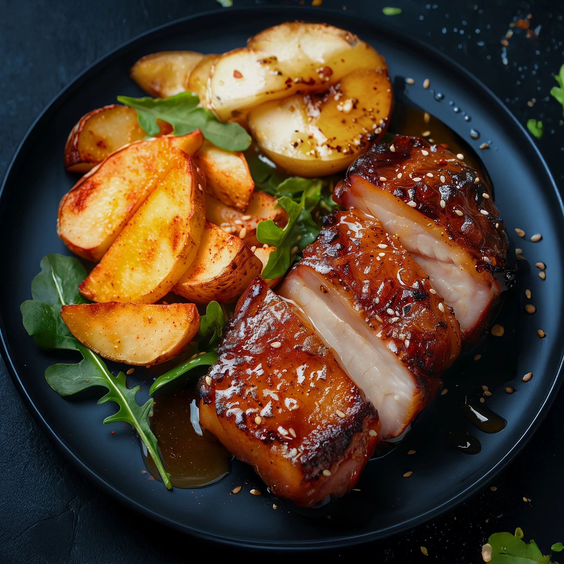 Hot Honey Pork Belly With Roasted Apple & Spiced Potato