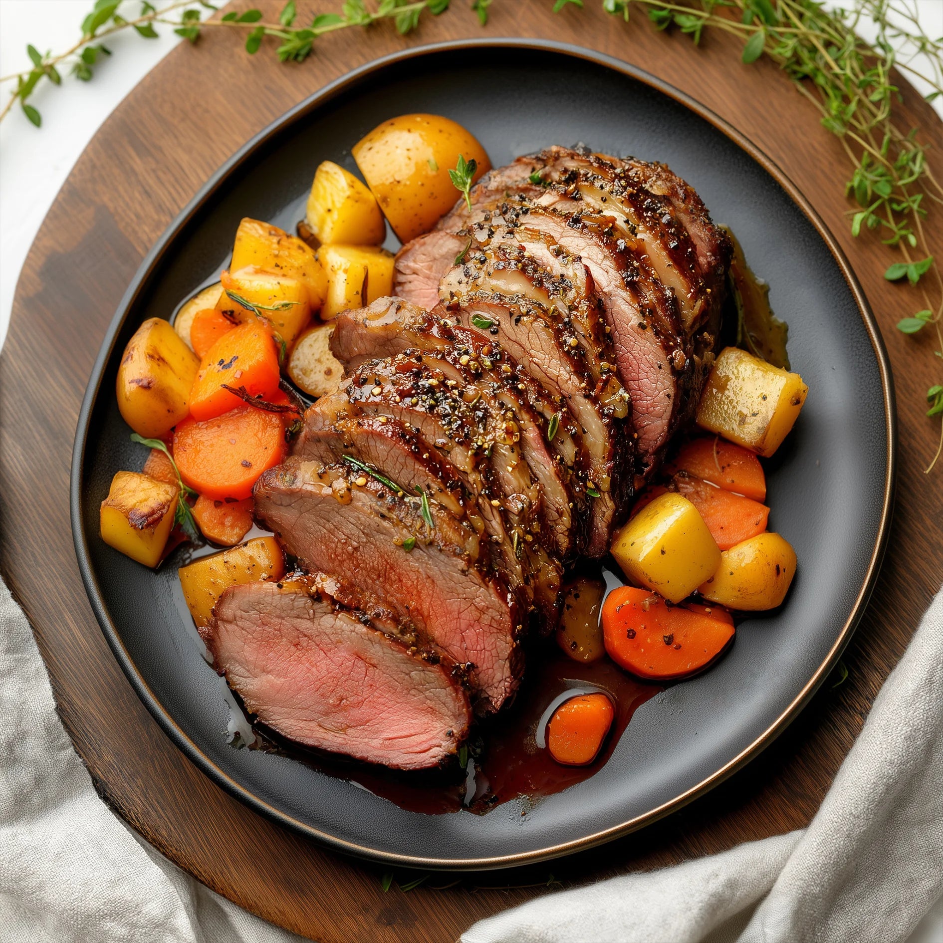 Roast Beef & Vegetable Traybake With Red Wine Jus